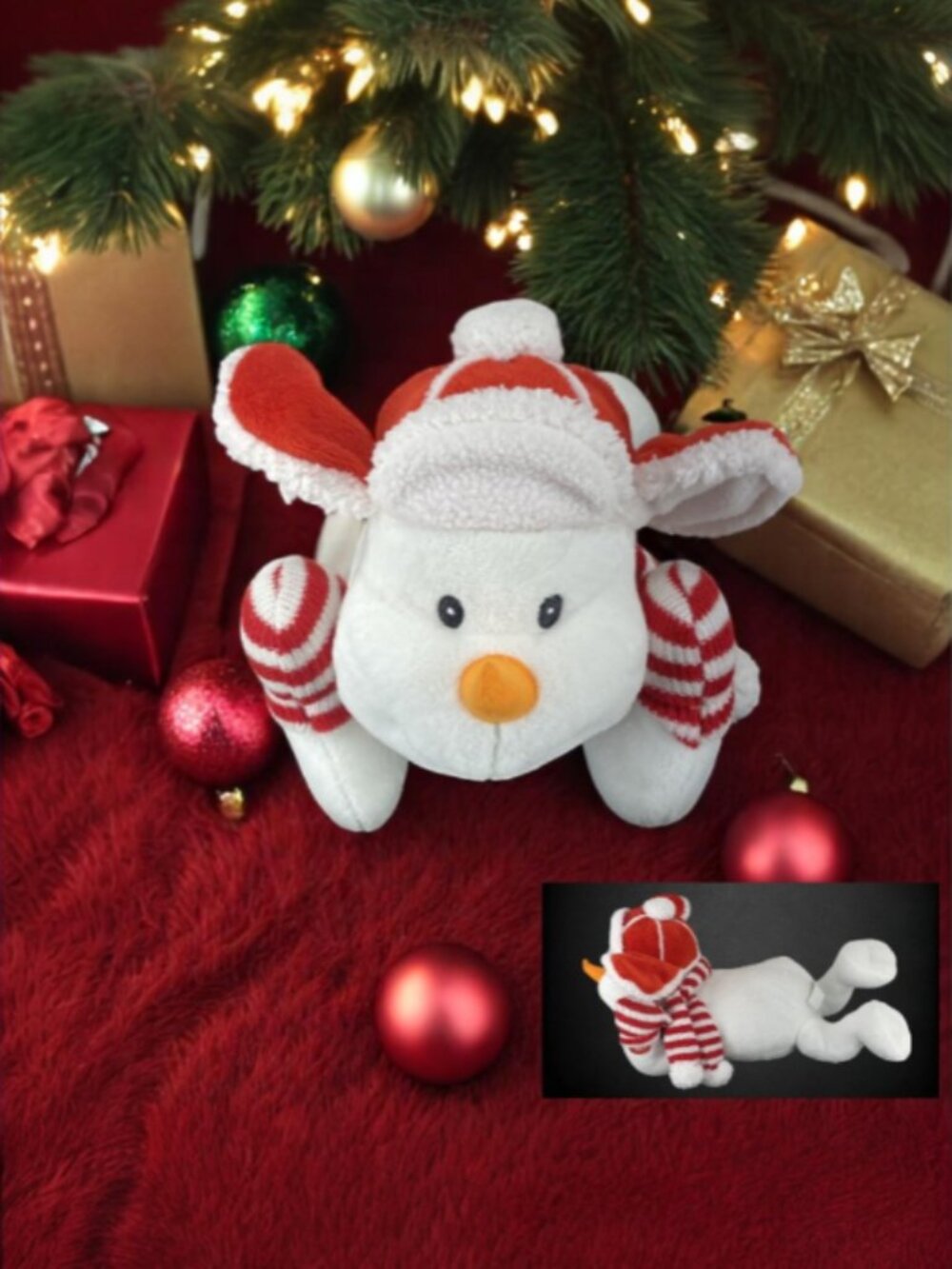 CRACKER BARREL -- Stuffed Dog, Musical, Wearing Ear Flap Hat, Red/White, In-Box